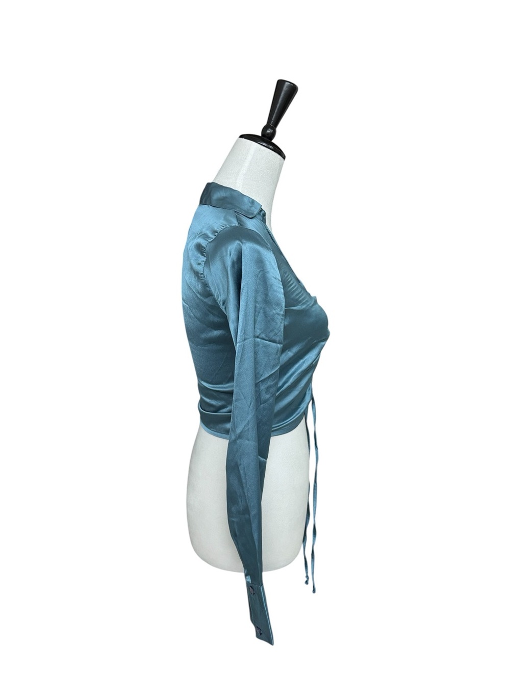 Teal Satin Ruched Crop Blouse XS Y2K City Girl Tie Front Top Chic - Picture 3 of 11